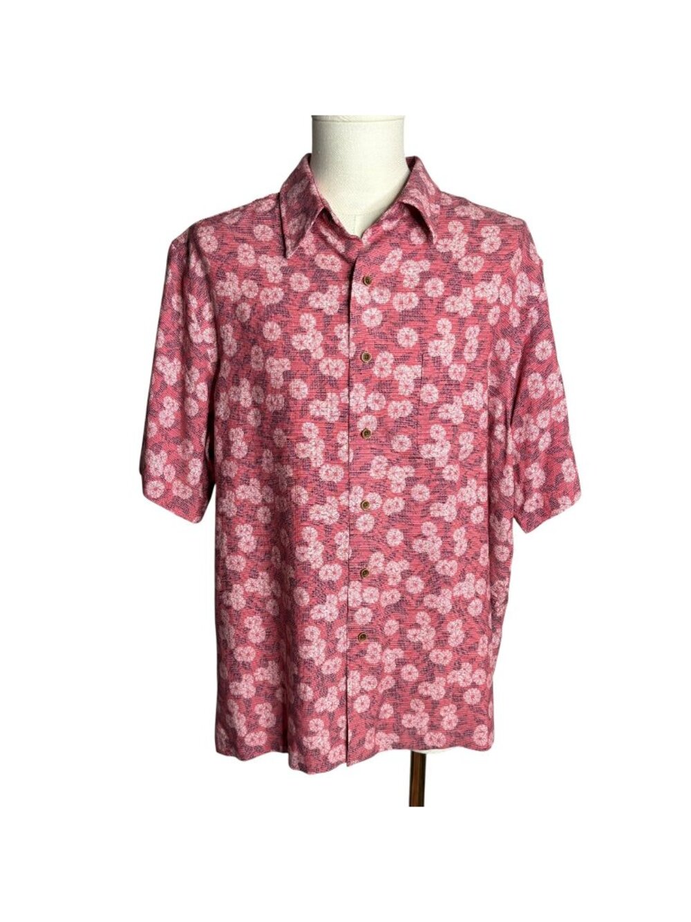 Roundtree Yorke Button Up Floral Shirt XL Red Short Sleeve Collared Pocket